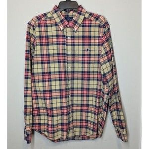 Simply Southern Mens Shirt L Blue/Red/Tan Plaid Cotton Casual Button Down Preppy